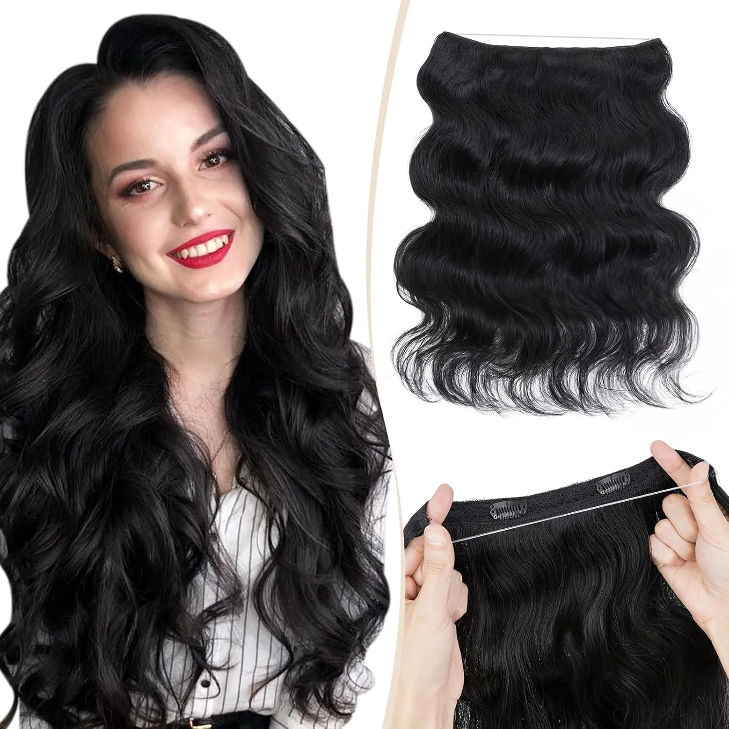 Benehair Halo Hair Extensions Real Human Hair 18 Inch Invisible Wire Hair Extensions with Fish Line Dark Black Wavy Halo Hair Extension 100% Human Hair Curly Halo Extensions 65g #1