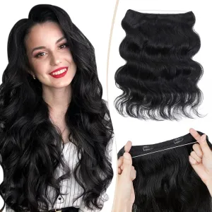 Benehair Halo Hair Extensions Real Human Hair 18 Inch Invisible Wire Hair Extensions with Fish Line Dark Black Wavy Halo Hair Extension 100% Human Hair Curly Halo Extensions 65g #1