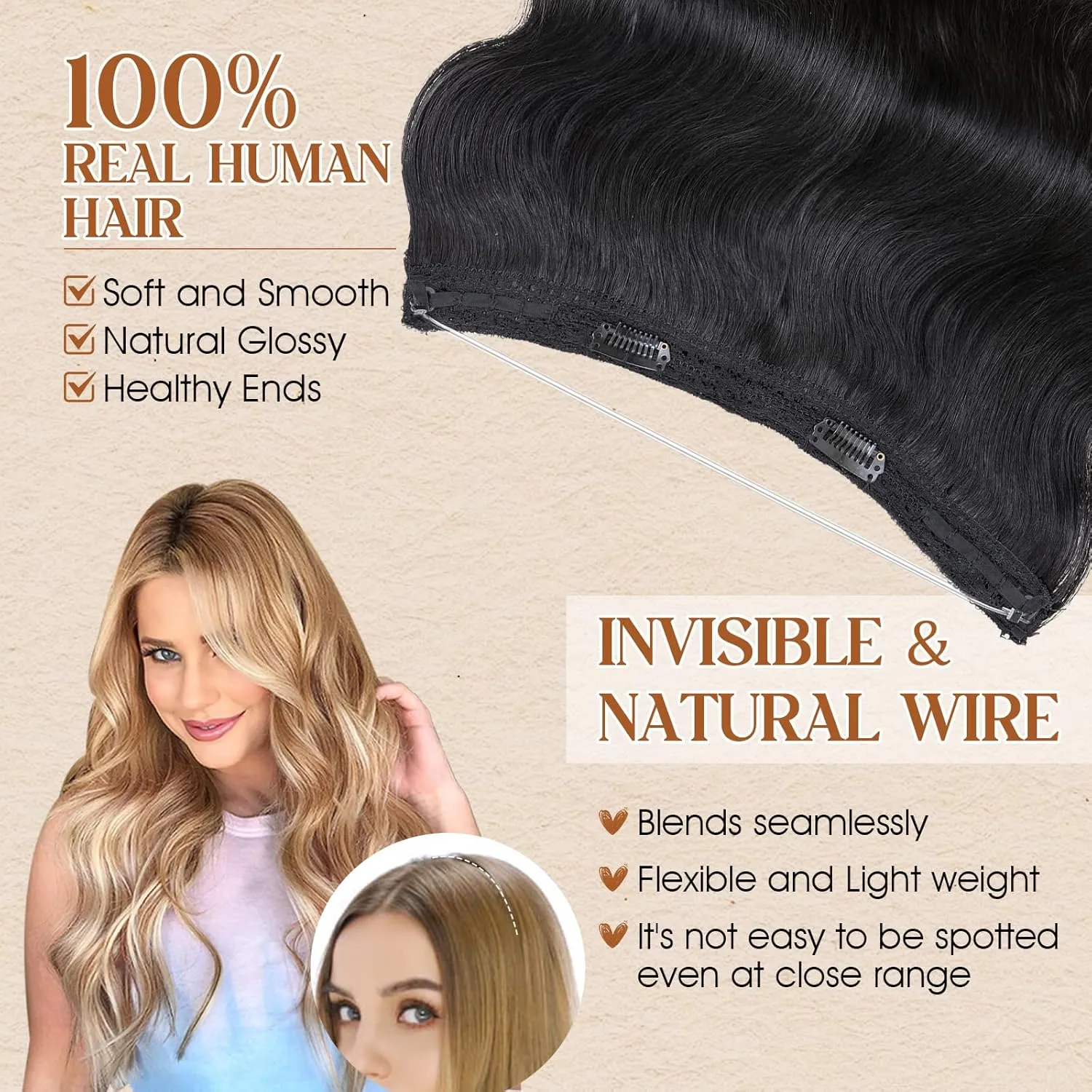 Benehair Halo Hair Extensions Real Human Hair 18 Inch Invisible Wire Hair Extensions with Fish Line Dark Black Wavy Halo Hair Extension 100% Human Hair Curly Halo Extensions 65g #1