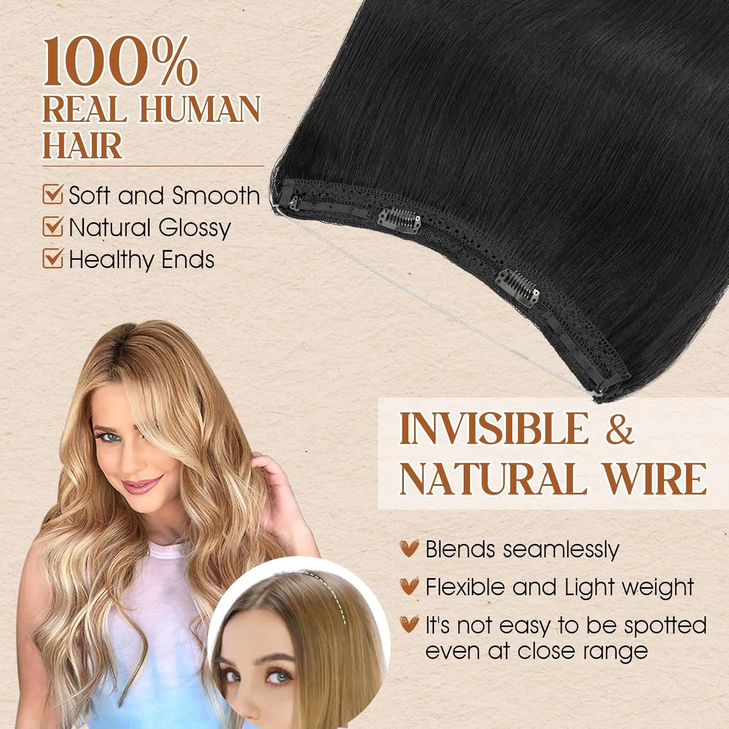 Benehair Halo Hair Extensions Real Human Hair 20 Inch Invisible Wire Hair Extensions with Fish Line Dark Black Halo Hair Extension 100% Human Hair Halo Extensions 70g #1