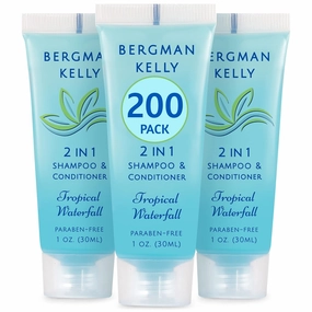 Bergman Kelly - Travel Size 2 in 1 Shampoo & Conditioner - 1 fl oz, 200 PK, Tropical Waterfall - Delight Your Guests w/Invigorating & Refreshing Shampoo Amenities - Small Hotel Toiletries in Bulk
