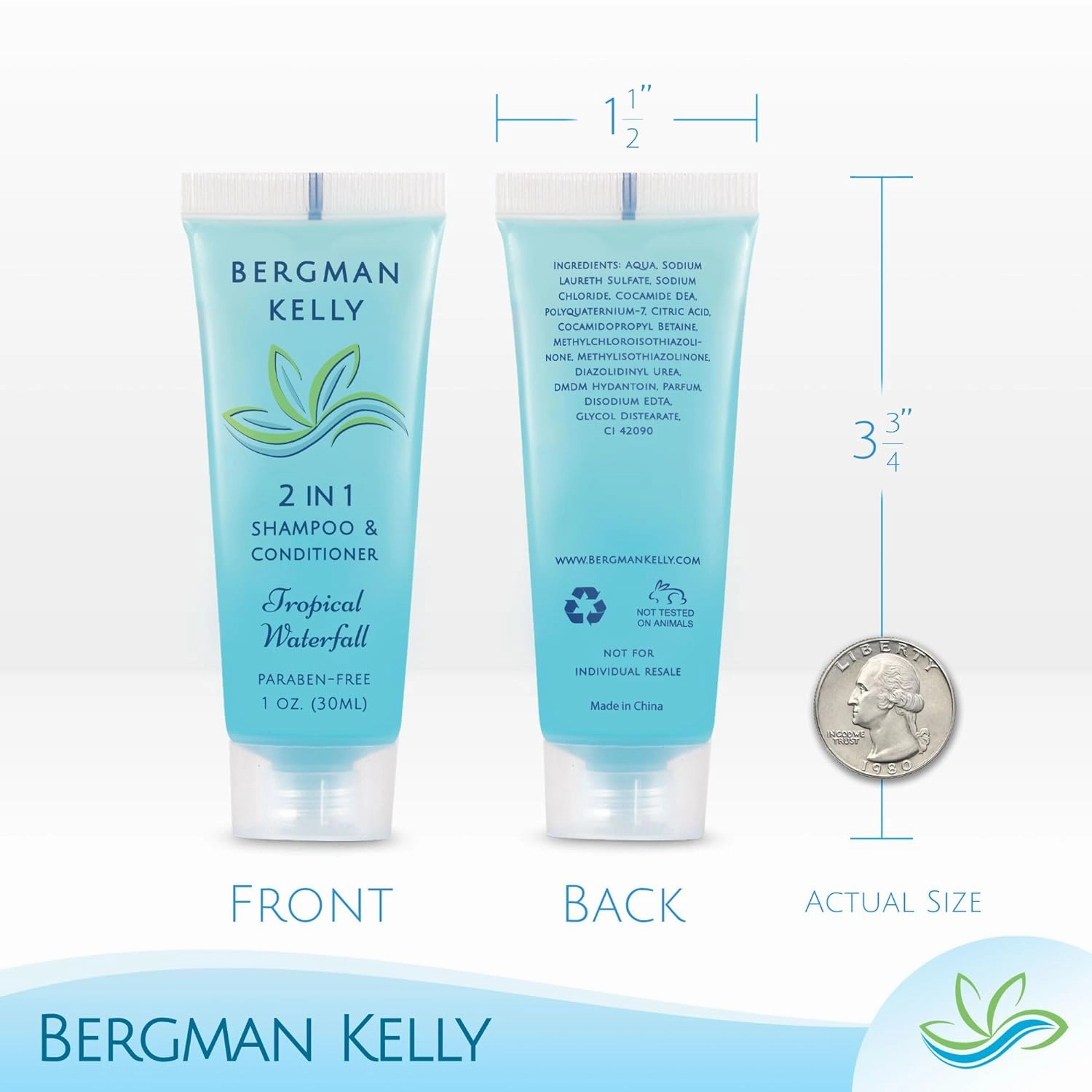 Bergman Kelly - Travel Size 2 in 1 Shampoo & Conditioner - 1 fl oz, 200 PK, Tropical Waterfall - Delight Your Guests w/Invigorating & Refreshing Shampoo Amenities - Small Hotel Toiletries in Bulk