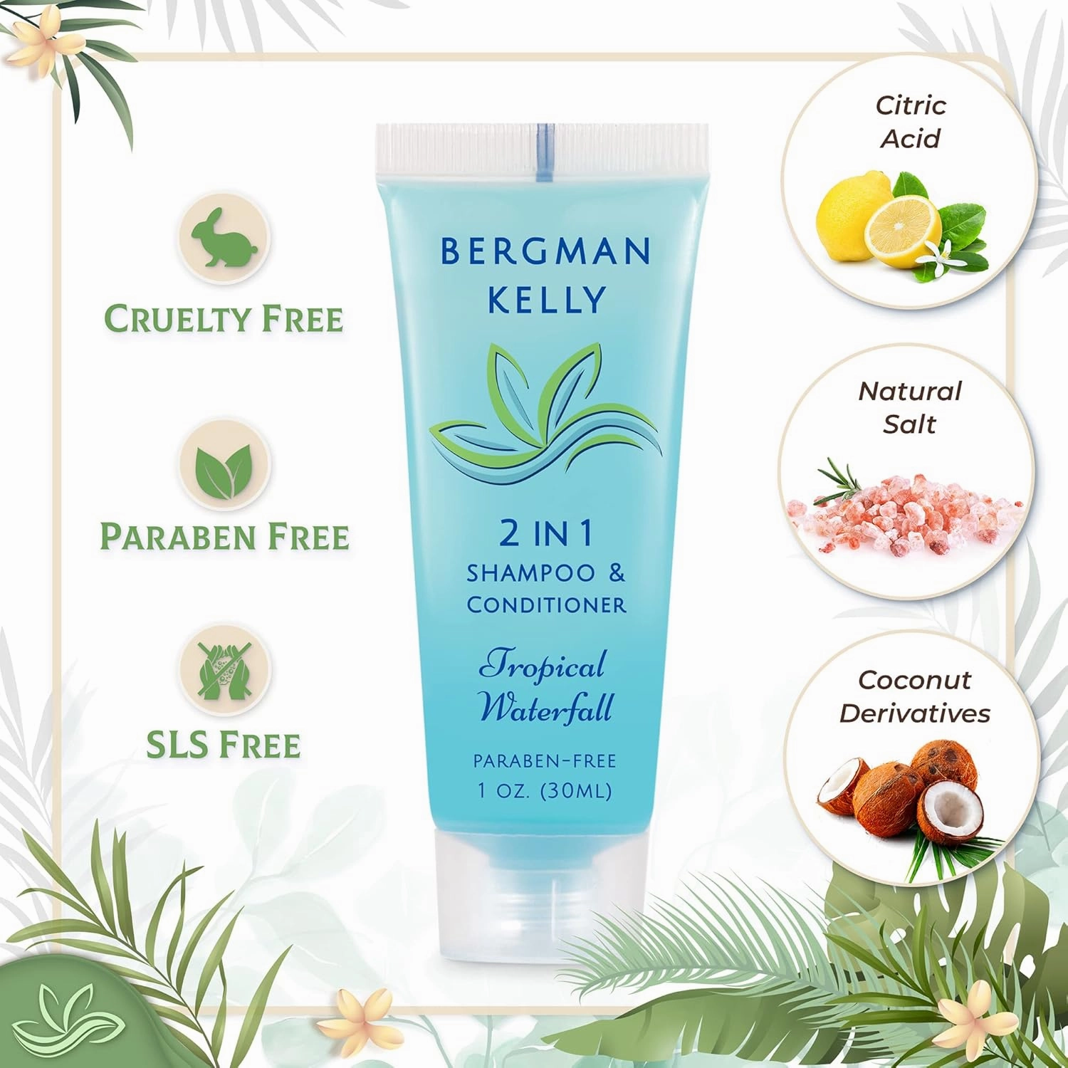 Bergman Kelly - Travel Size 2 in 1 Shampoo & Conditioner - 1 fl oz, 200 PK, Tropical Waterfall - Delight Your Guests w/Invigorating & Refreshing Shampoo Amenities - Small Hotel Toiletries in Bulk