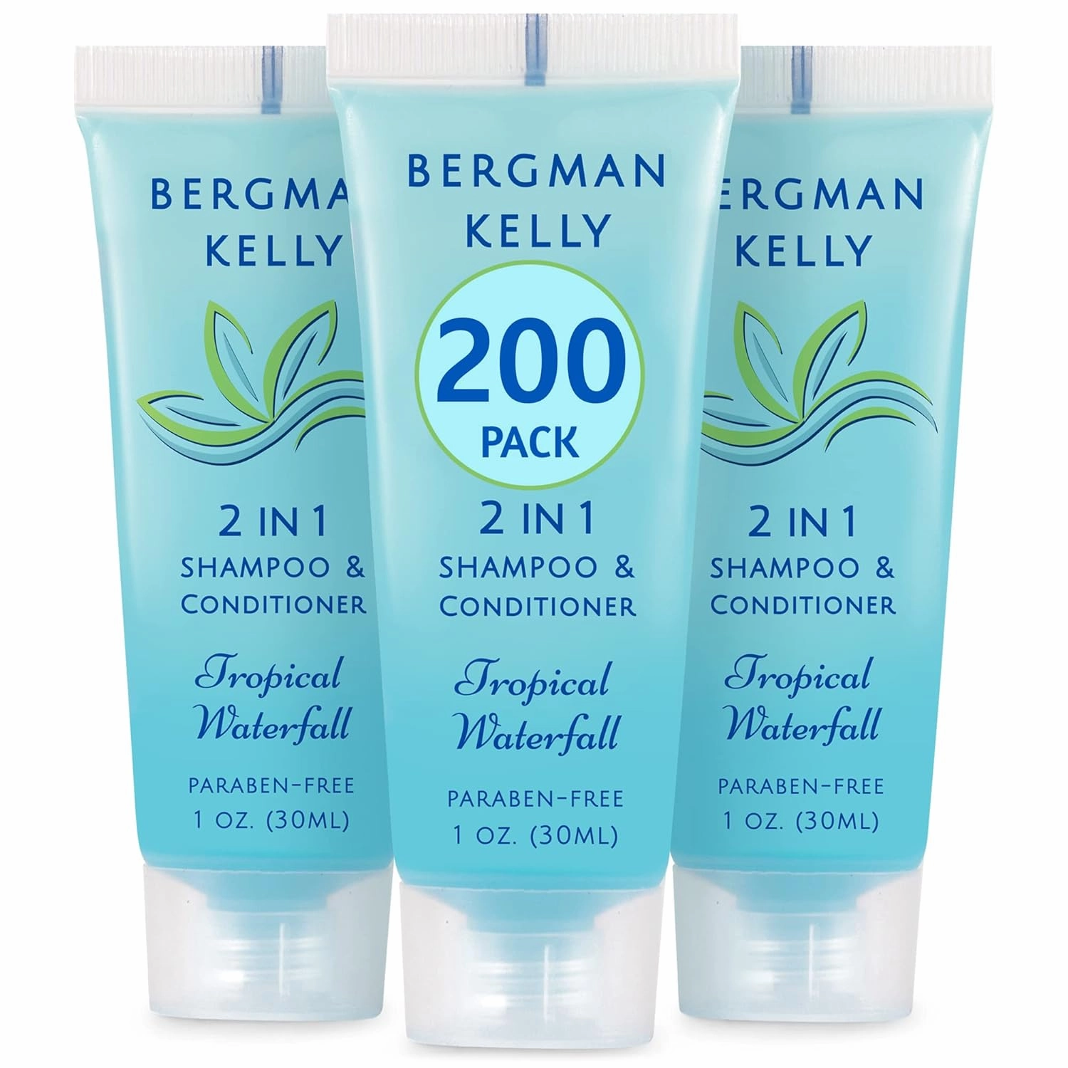 Bergman Kelly - Travel Size 2 in 1 Shampoo & Conditioner - 1 fl oz, 200 PK, Tropical Waterfall - Delight Your Guests w/Invigorating & Refreshing Shampoo Amenities - Small Hotel Toiletries in Bulk