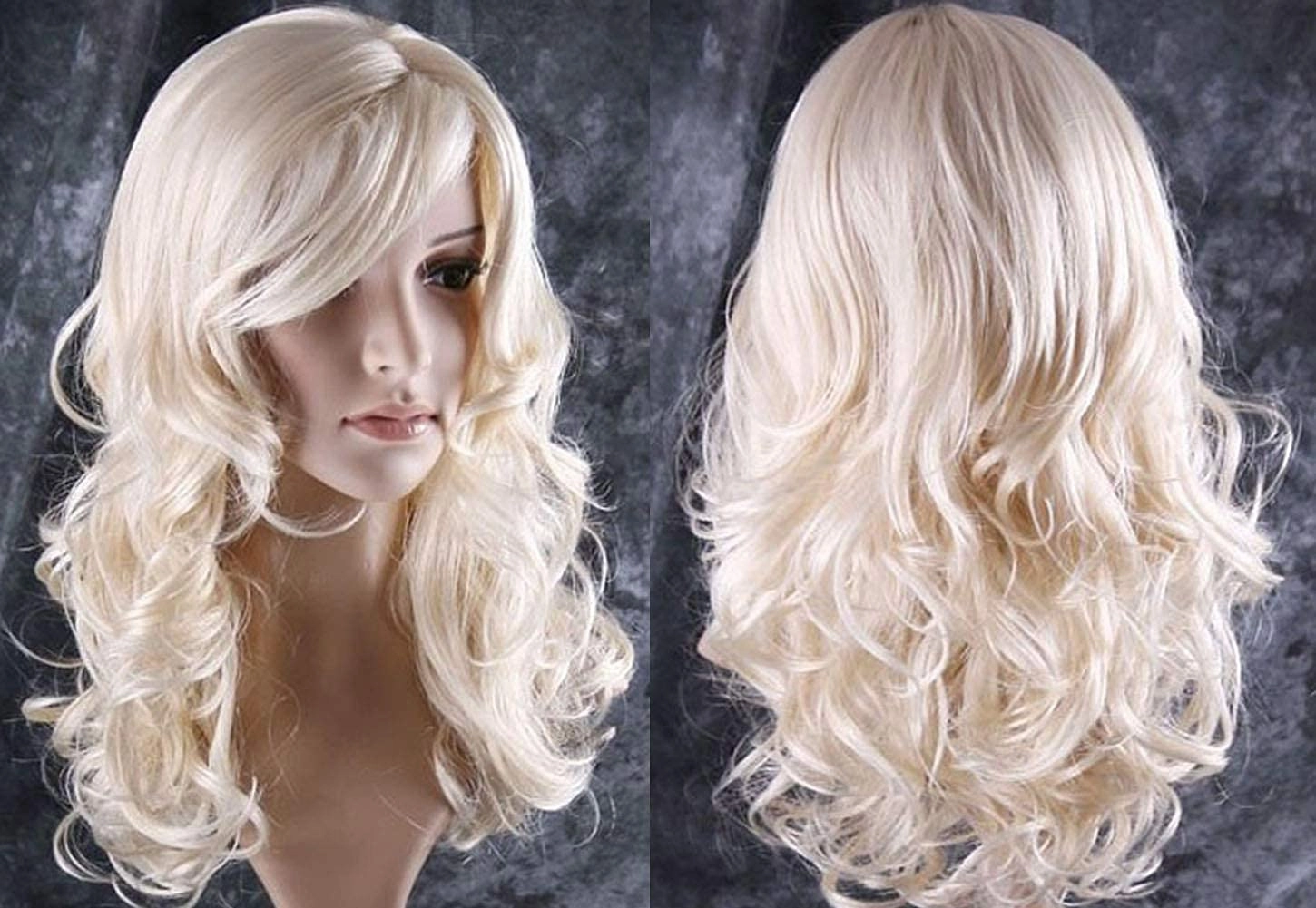 BERON 24" Stylish Blonde Wig for Women Long Curly Wavy Light Blonde Wig with Bangs Synthetic Wavy Wigs Long Wigs for Daily Party