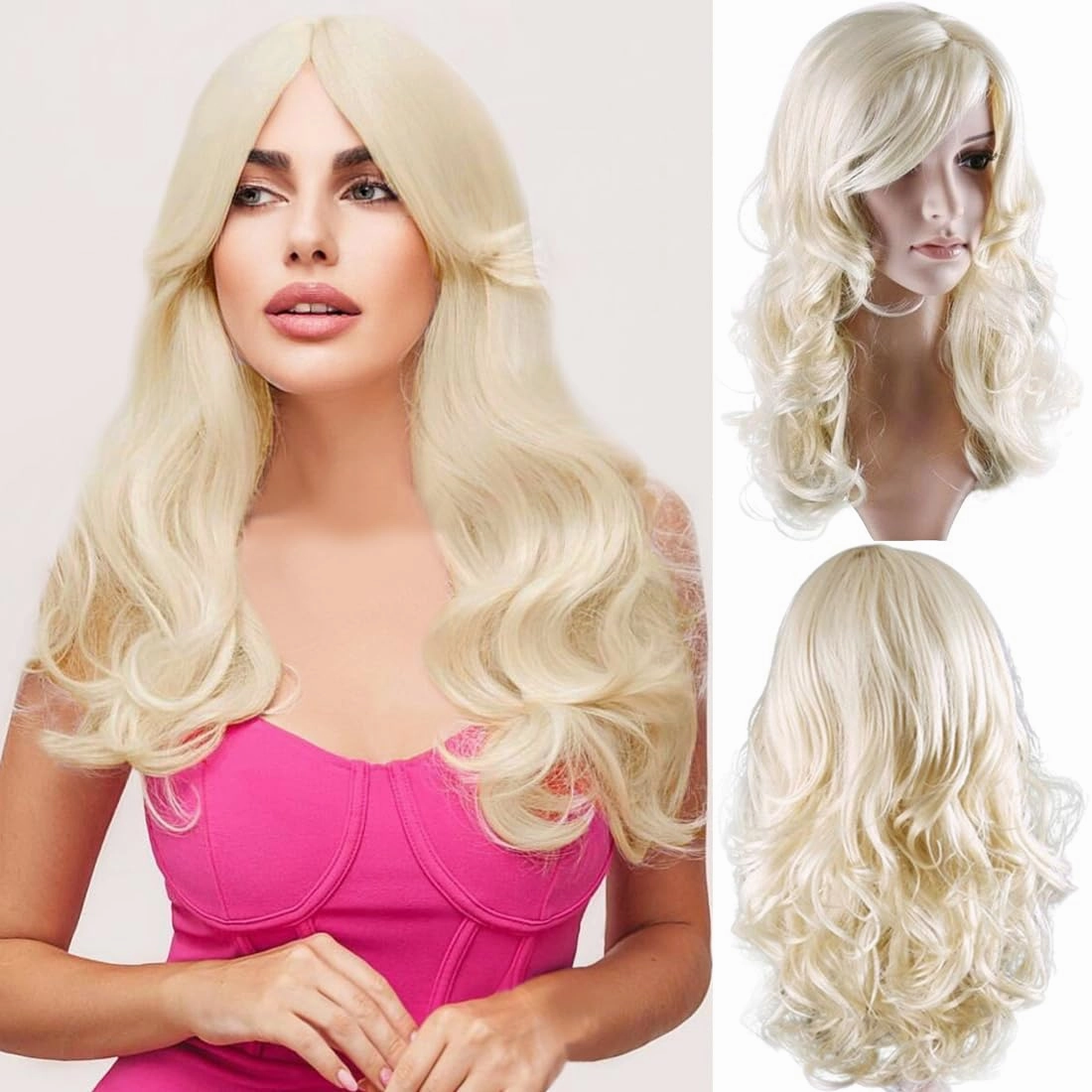 BERON 24" Stylish Blonde Wig for Women Long Curly Wavy Light Blonde Wig with Bangs Synthetic Wavy Wigs Long Wigs for Daily Party