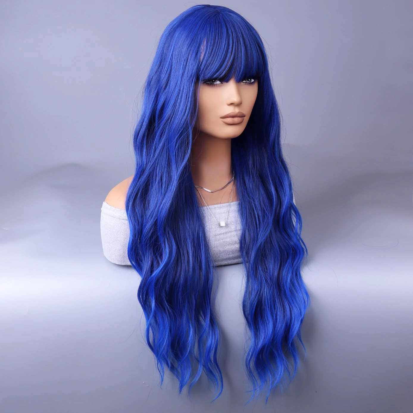 BERON Blue Long Wigs Curly Wavy Women Wigs with Bangs Dark Blue Heat Resistant Synthetic Wigs for Cosplay or Daily Wigs Wig Cap Included