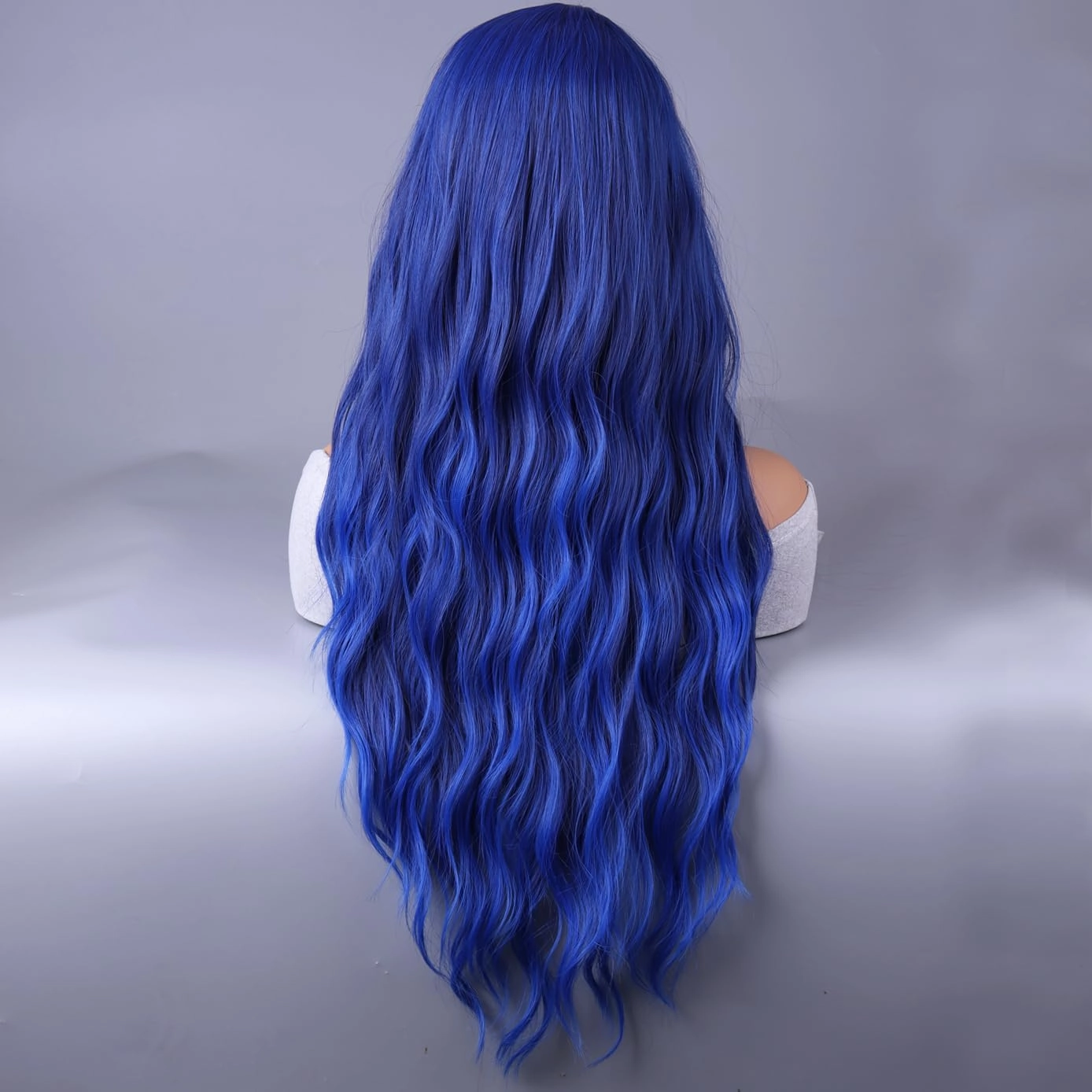 BERON Blue Long Wigs Curly Wavy Women Wigs with Bangs Dark Blue Heat Resistant Synthetic Wigs for Cosplay or Daily Wigs Wig Cap Included