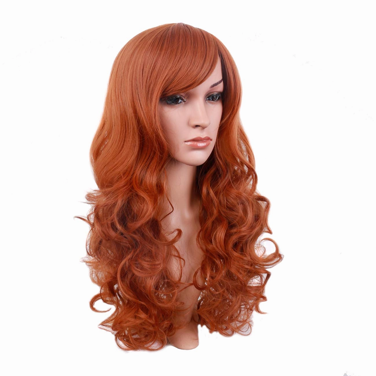 BERON Dark Orange Wig Long Curly Wigs with Bangs Orange Wig Long Wavy Wig Orange Wigs for Women Long Wig Dark Orange Wig with Wig Cap