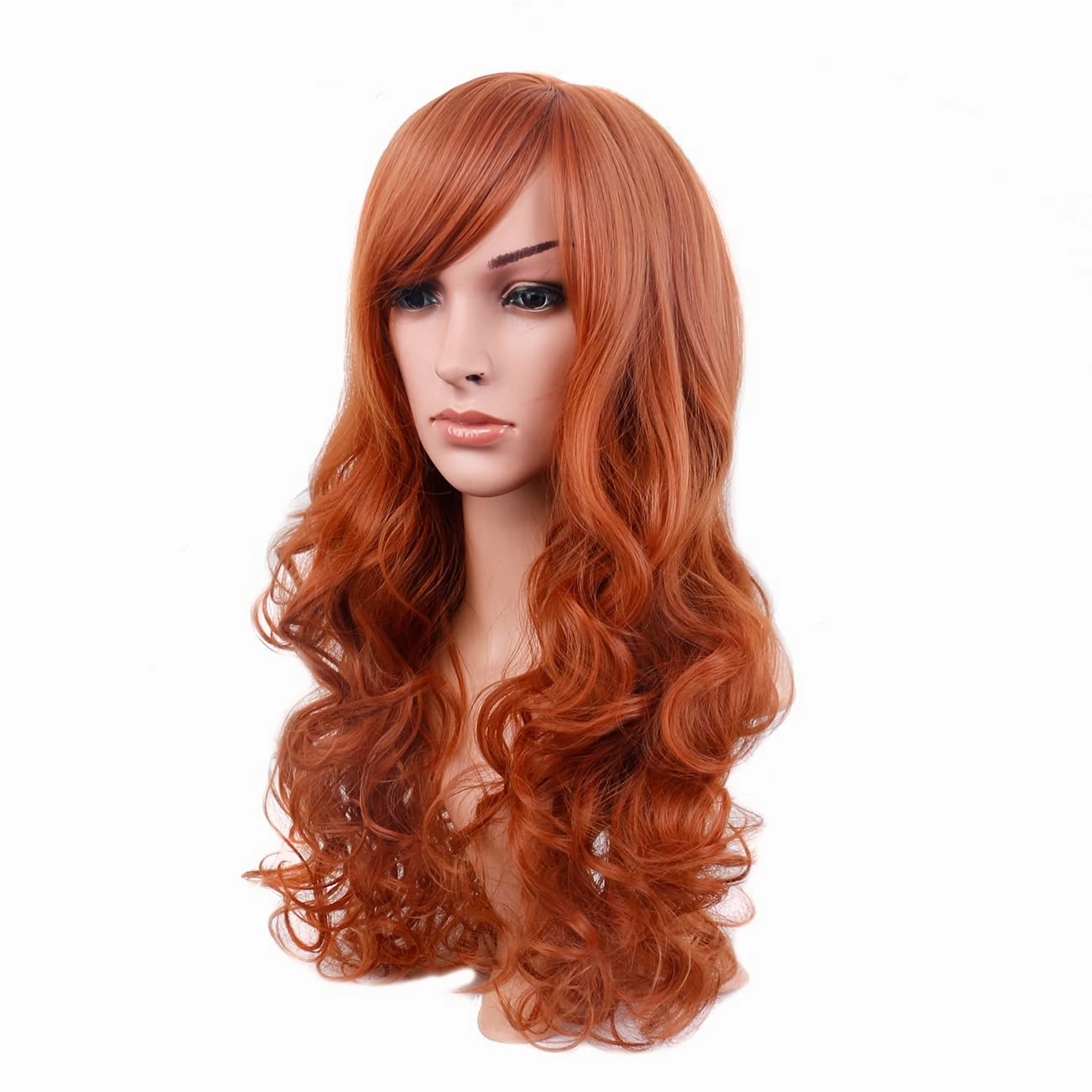BERON Dark Orange Wig Long Curly Wigs with Bangs Orange Wig Long Wavy Wig Orange Wigs for Women Long Wig Dark Orange Wig with Wig Cap