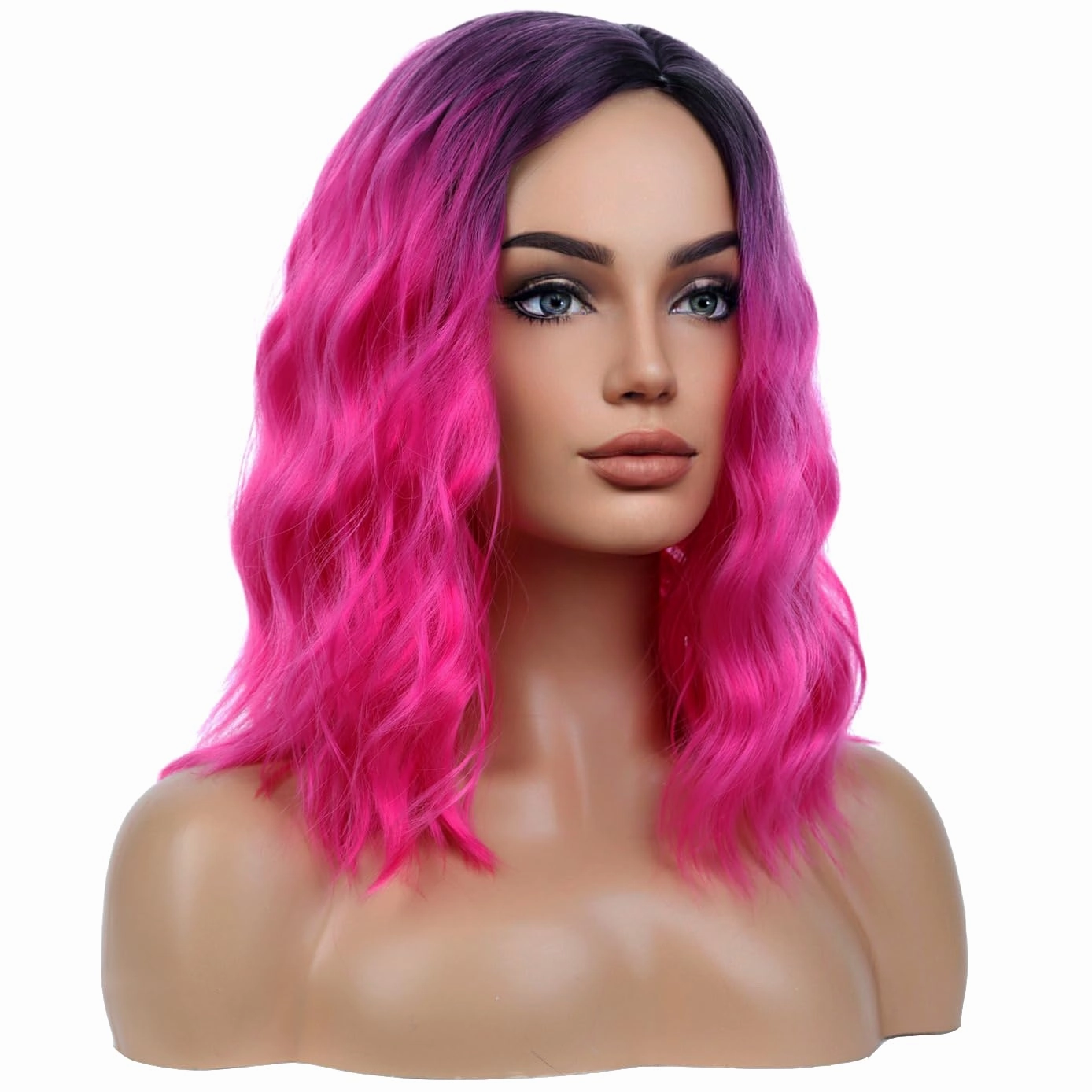 BERON Hot Pink Short Wigs Curly Bob Wig Ombre Color Wavy Hair Wigs Side Part Women's Synthetic Wigs Daily Party Use