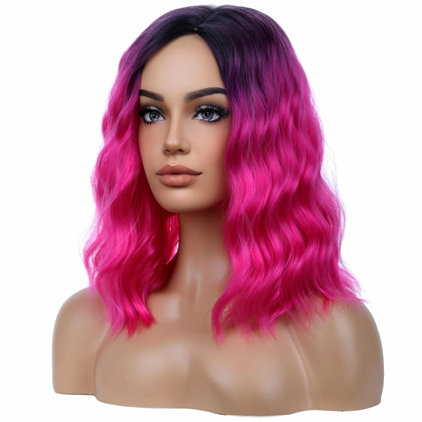 BERON Hot Pink Short Wigs Curly Bob Wig Ombre Color Wavy Hair Wigs Side Part Women's Synthetic Wigs Daily Party Use