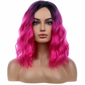 BERON Hot Pink Short Wigs Curly Bob Wig Ombre Color Wavy Hair Wigs Side Part Women's Synthetic Wigs Daily Party Use