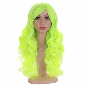 BERON Neon Green Wig Long Bright Green Wavy Curly Wig with Bangs for Women Synthetic Hair with Cap