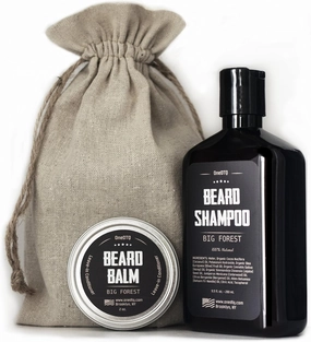 Big Forest Beard Growth Kit; Beard Shampoo & Beard Balm, All Natural and Organic Facial Hair Care; in a Mustache Stamped Linen Pouch