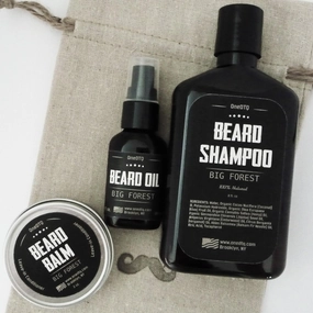 Big Forest Beard Growth Kit: Beard Shampoo, Beard Oil & Beard Balm - 100% Natural & Organic Facial Hair Care - In a Mustache Stamped Linen Pouch