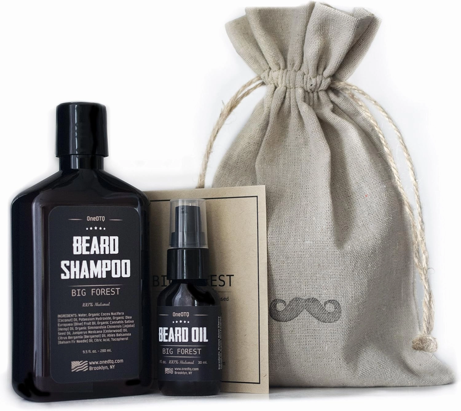 Big Forest Beard Growth Kit: Beard Wash & Beard Oil - 100% Natural & Organic Facial Hair Care Set for Men - in a Mustache Stamped Linen Pouch