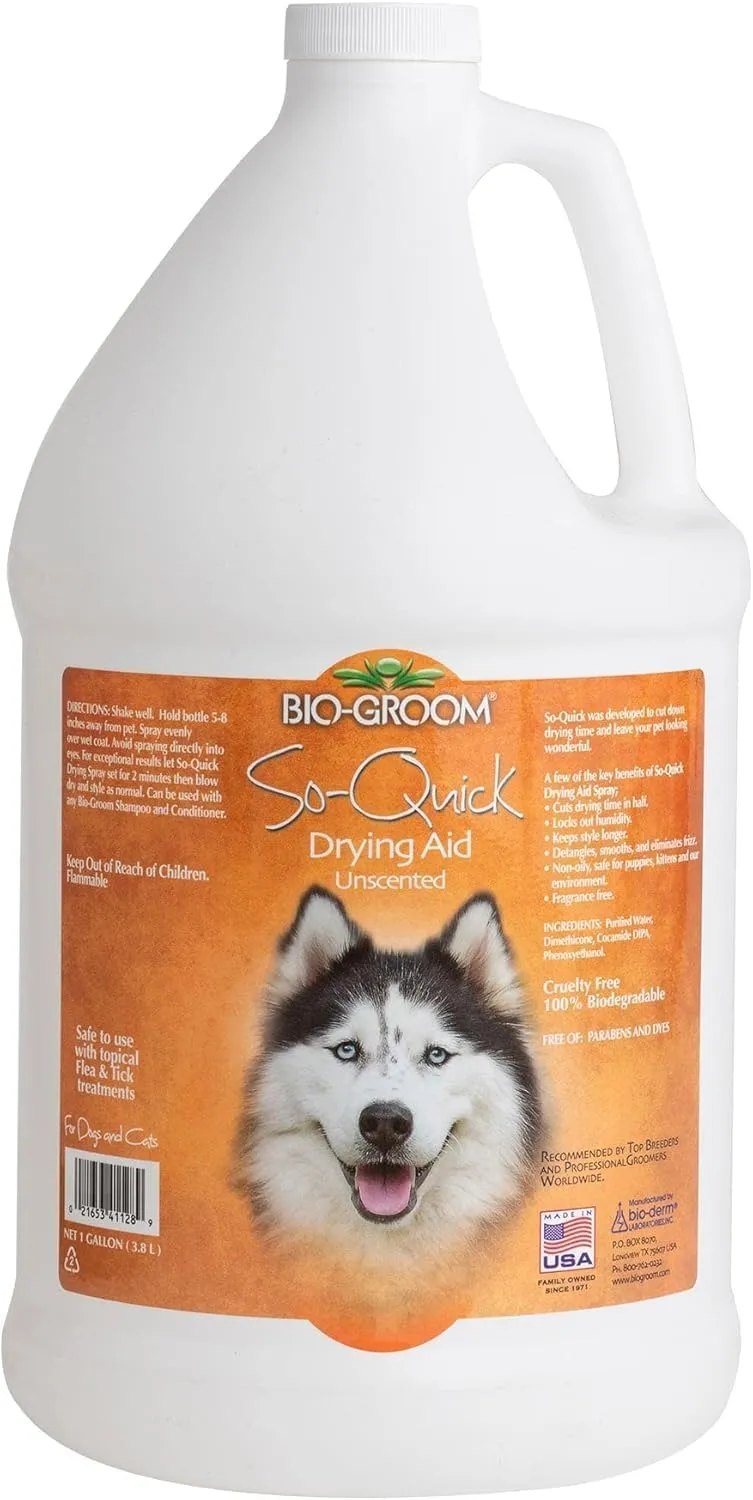 Bio-Groom So Quick Dry Dog Aid - Detangler for Dogs & Cats, Shortens Drying Time, Unscented, Cruelty-Free, Made in USA, Dog Grooming Products - 1 Gallon