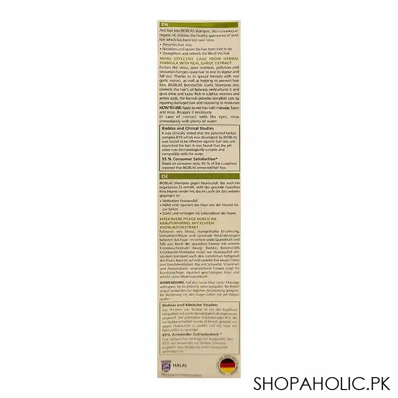 Bioblas Botanic Oil Nourishing And Repairing Care Garlic Shampoo, Prevents Hair Loss, Paraben Free, All Hair Types, 360ml