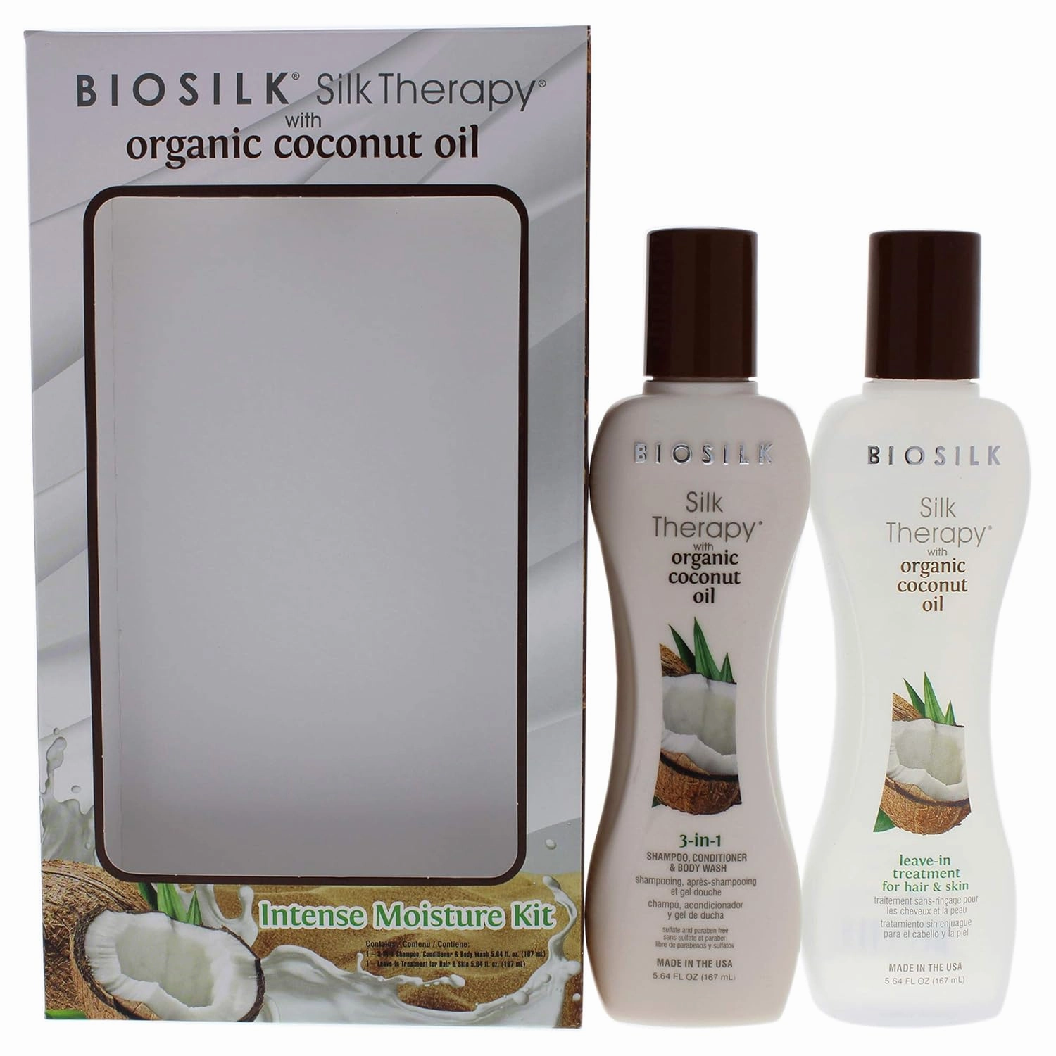 Biosilk Silk Therapy With Organic Coconut Intense Moisture Kit Unisex 5.64oz 3-In-1 Shampoo, Conditioner and Body Wash, 5.64 oz Silk Leave-In Treatment 2 Pc