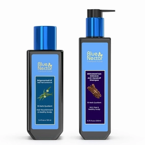 Blue Nectar Hair Care Power Duo: Anti-Dandruff Shampoo & Hair Fall Control Oil - Achieve Lustrous Locks with Bhringraj, Shikakai, and 10 Herbs - Perfect for Colored, Dry, and Frizzy Hair