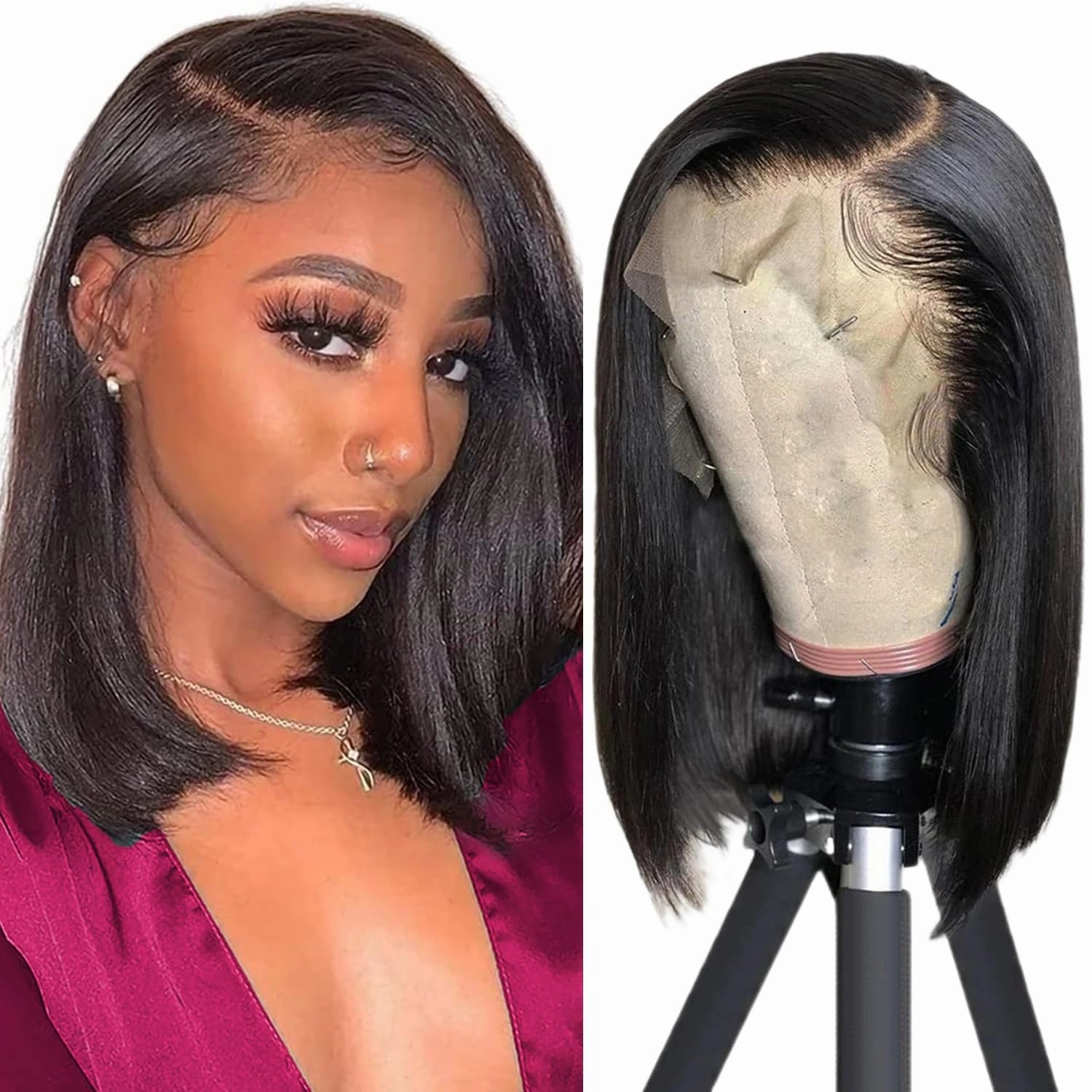Bob Wig Human Hair Straight HD Lace Front Wigs Human Hair Glueless Bob 13x4 Lace Frontal Wig Human Hair Pre Plucked With Baby Hair 180% Density 12 Inch Natural Color (Black, 12 inch)