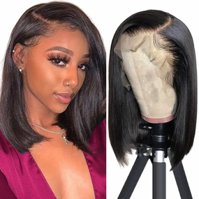 Bob Wig Human Hair Straight HD Lace Front Wigs Human Hair Glueless Bob 13x4 Lace Frontal Wig Human Hair Pre Plucked With Baby Hair 180% Density 12 Inch Natural Color (Black, 12 inch)