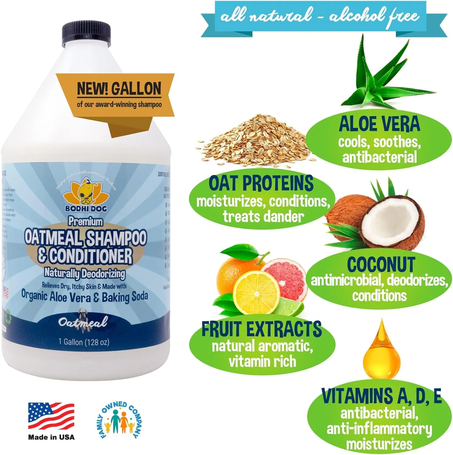 Bodhi Dog Oatmeal Shampoo & Conditioner - Hypoallergenic Formula - Naturally Deodorize Dogs, Cats & Pets - Made w/Organic Ingredients - Moisturizes Dry & Itchy Skin - Made in USA (Oatmeal, 1 Gallon)