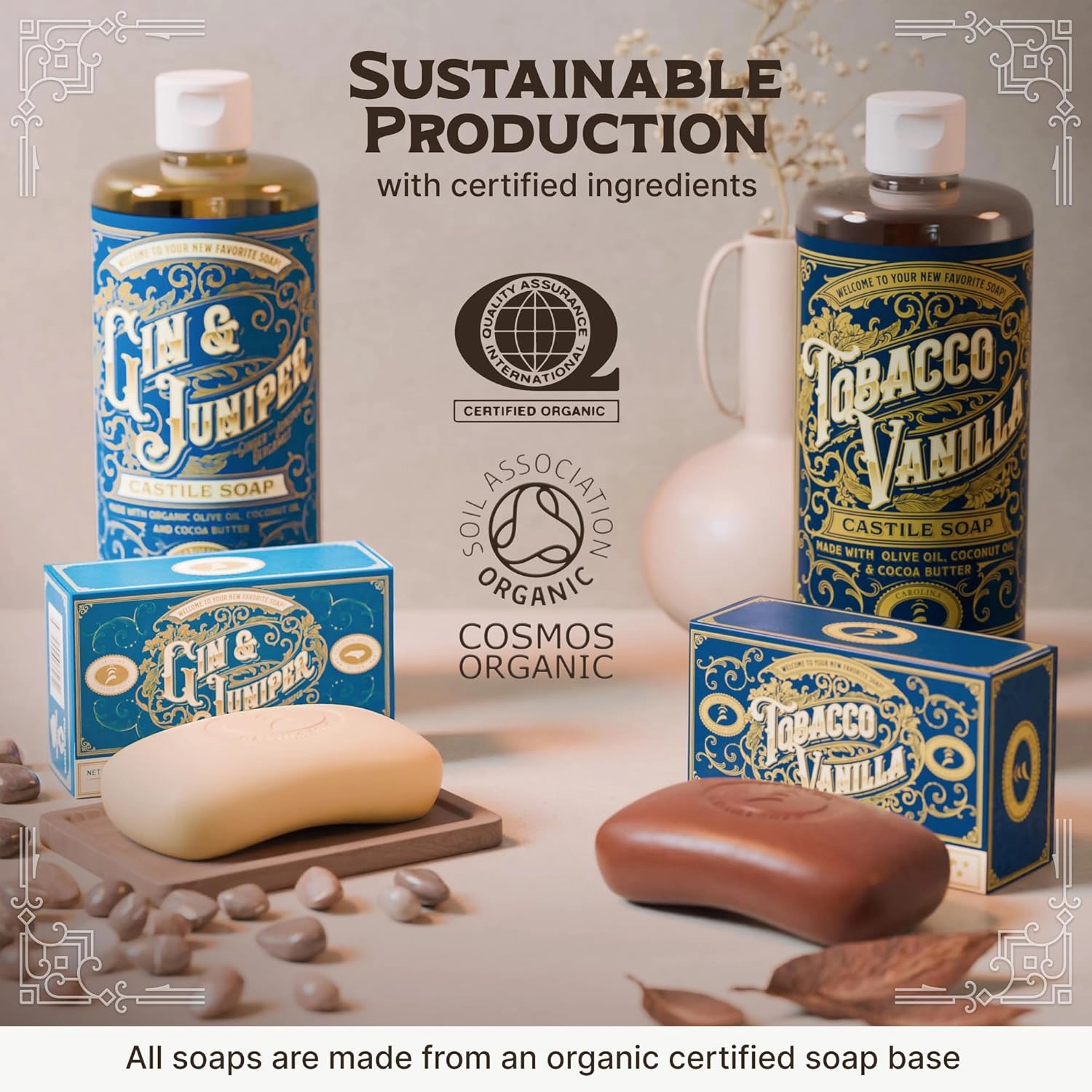 Body Wash Castile Soap Bar for Sensitive Skin – Long Lasting Natural Bar Soap for Men w/Olive Oil and Cocoa Butter - Vegan Gin & Juniper Scented by Carolina Castile, 5 oz Each