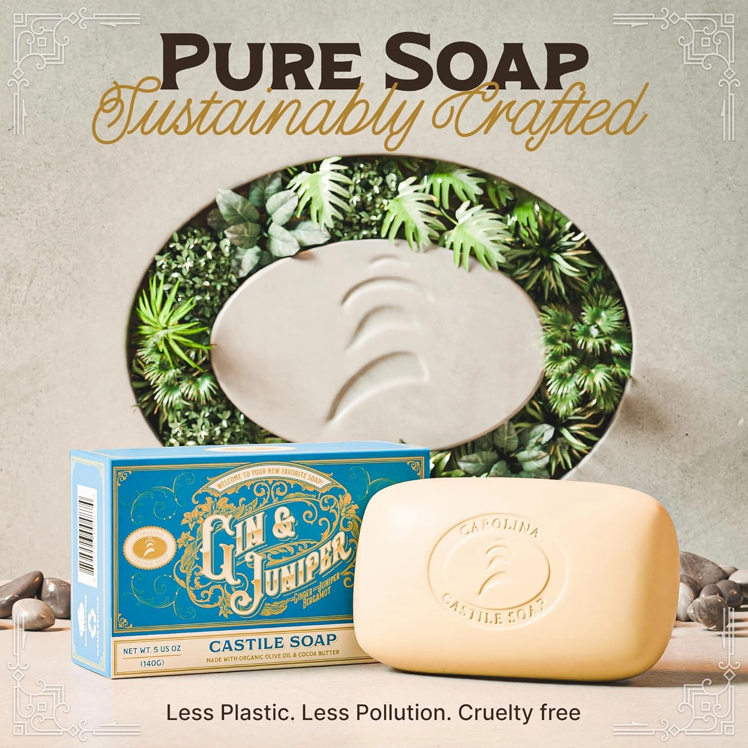Body Wash Castile Soap Bar for Sensitive Skin – Long Lasting Natural Bar Soap for Men w/Olive Oil and Cocoa Butter - Vegan Gin & Juniper Scented by Carolina Castile, 5 oz Each