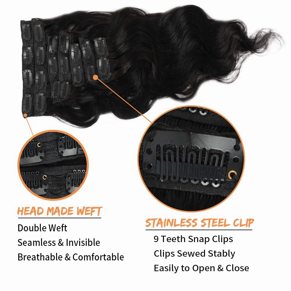 Body Wave Clip in Hair Extensions Real Human Hair 18 Inch Wavy Human Hair Clip in Extensions for Women Body Wave Clip Ins Human Hair 8Pcs 100g 20Clips Natural Black #1B
