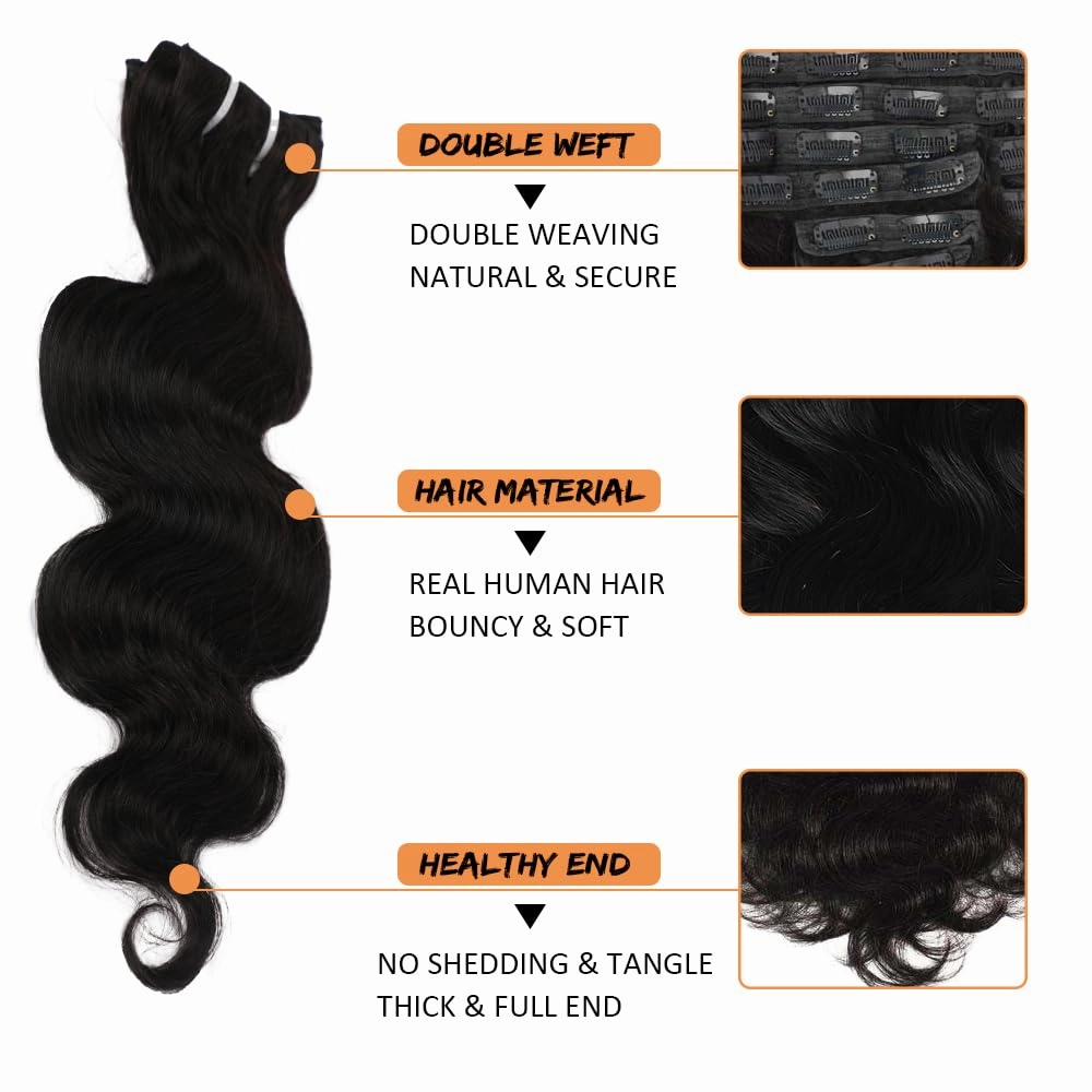 Body Wave Clip in Hair Extensions Real Human Hair 18 Inch Wavy Human Hair Clip in Extensions for Women Body Wave Clip Ins Human Hair 8Pcs 100g 20Clips Natural Black #1B