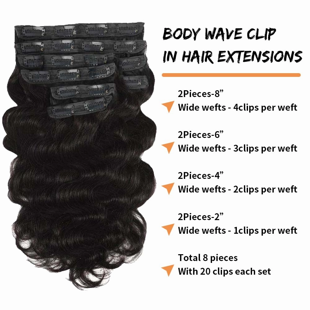 Body Wave Clip in Hair Extensions Real Human Hair 18 Inch Wavy Human Hair Clip in Extensions for Women Body Wave Clip Ins Human Hair 8Pcs 100g 20Clips Natural Black #1B