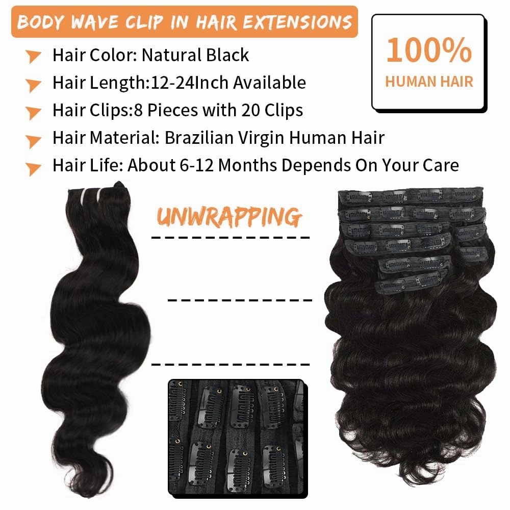 Body Wave Clip in Hair Extensions Real Human Hair 18 Inch Wavy Human Hair Clip in Extensions for Women Body Wave Clip Ins Human Hair 8Pcs 100g 20Clips Natural Black #1B