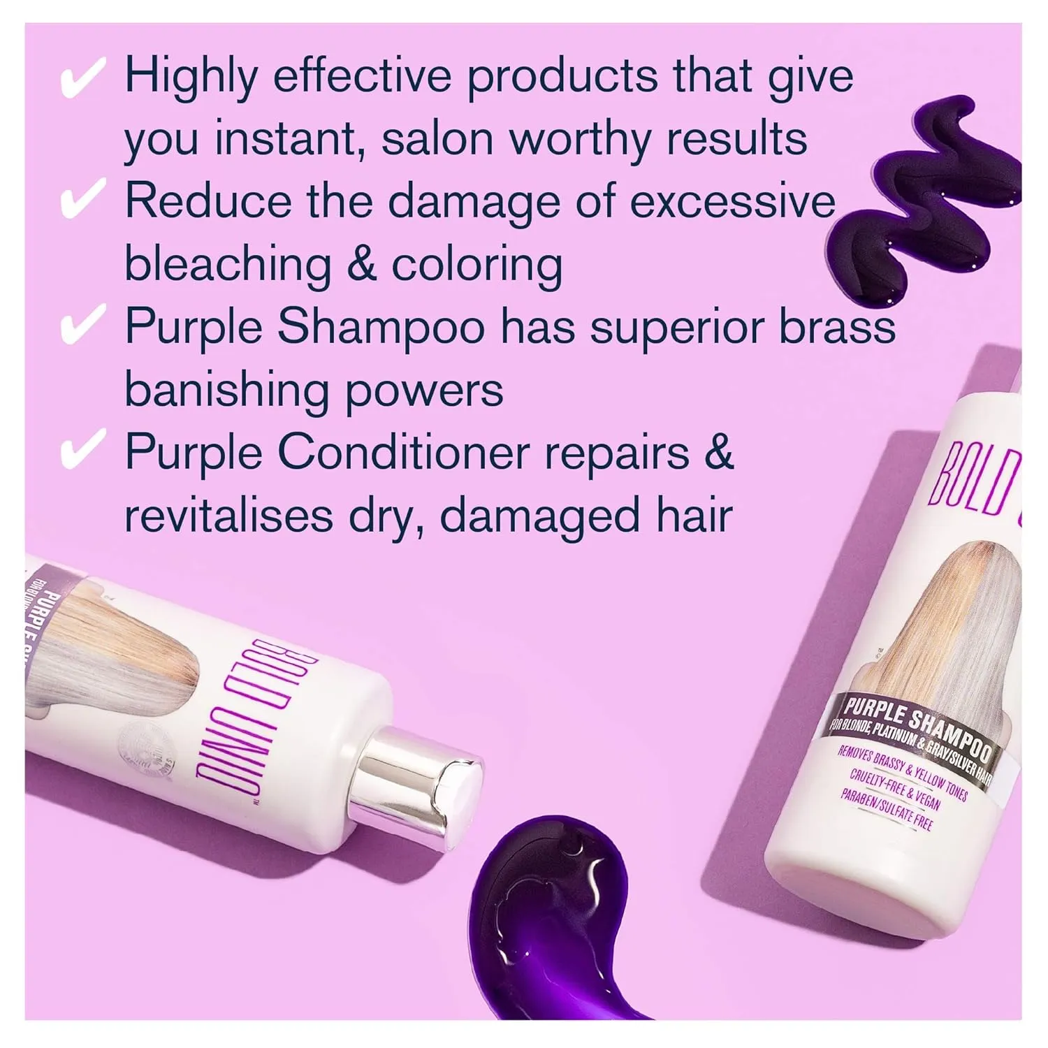 Bold Uniq Purple Toning Shampoo & Conditioner Set - For Blonde, Platinum, Ash, Bleached, Grey, Ash & Silver hair - Eliminates Brassy, Yellow Tones - Vegan, Paraben & Sulphate Free - 8 Fl Oz Each