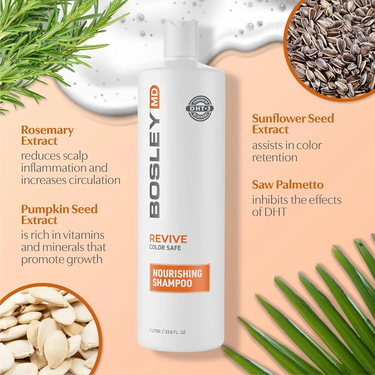 BosRevive Nourishing Shampoo for Thinning Hair (Color Safe) – DHT Blocker, Sulfate-Free, Vegan Formula with Biotin, Saw Palmetto & Rosemary – Strengthens & Volumizes – 33.8 Fl Oz