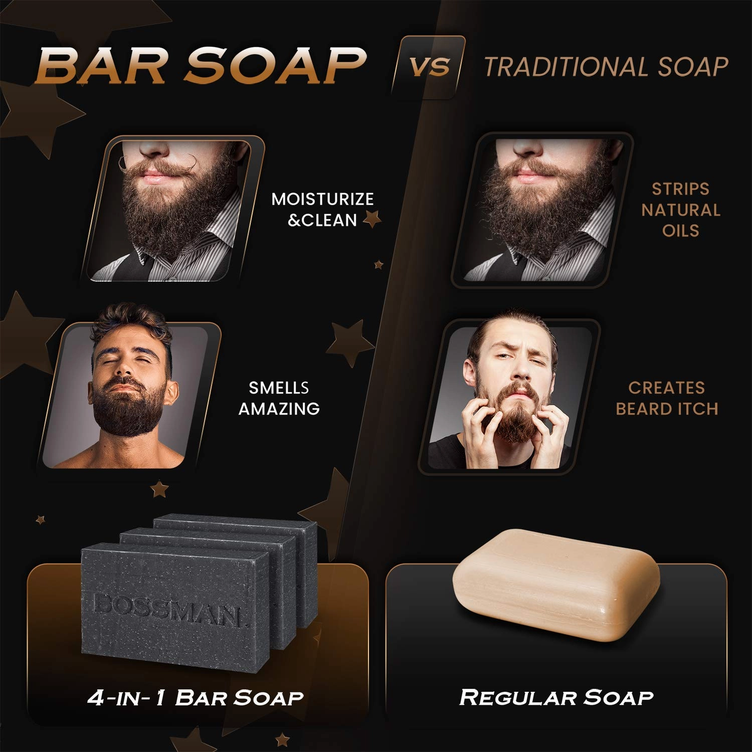 Bossman 3-Pack 4-in-1 Bar Soap for Men, 4 oz – All Natural Organic Beard Wash, Shampoo, Body Wash, Shaving Soap – Eucalyptus & Tea Tree Scent - Father’s Day Gifts