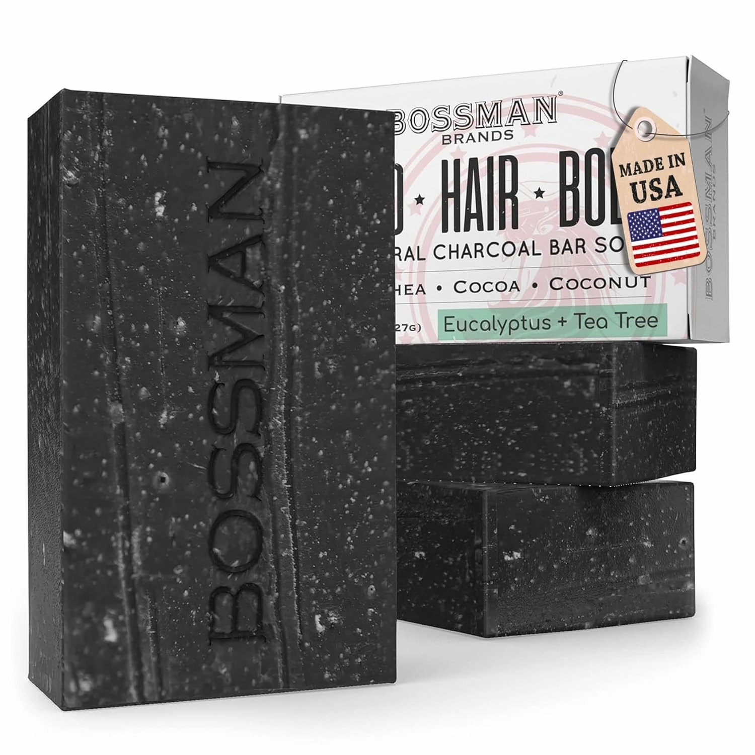 Bossman 3-Pack 4-in-1 Bar Soap for Men, 4 oz – All Natural Organic Beard Wash, Shampoo, Body Wash, Shaving Soap – Eucalyptus & Tea Tree Scent - Father’s Day Gifts