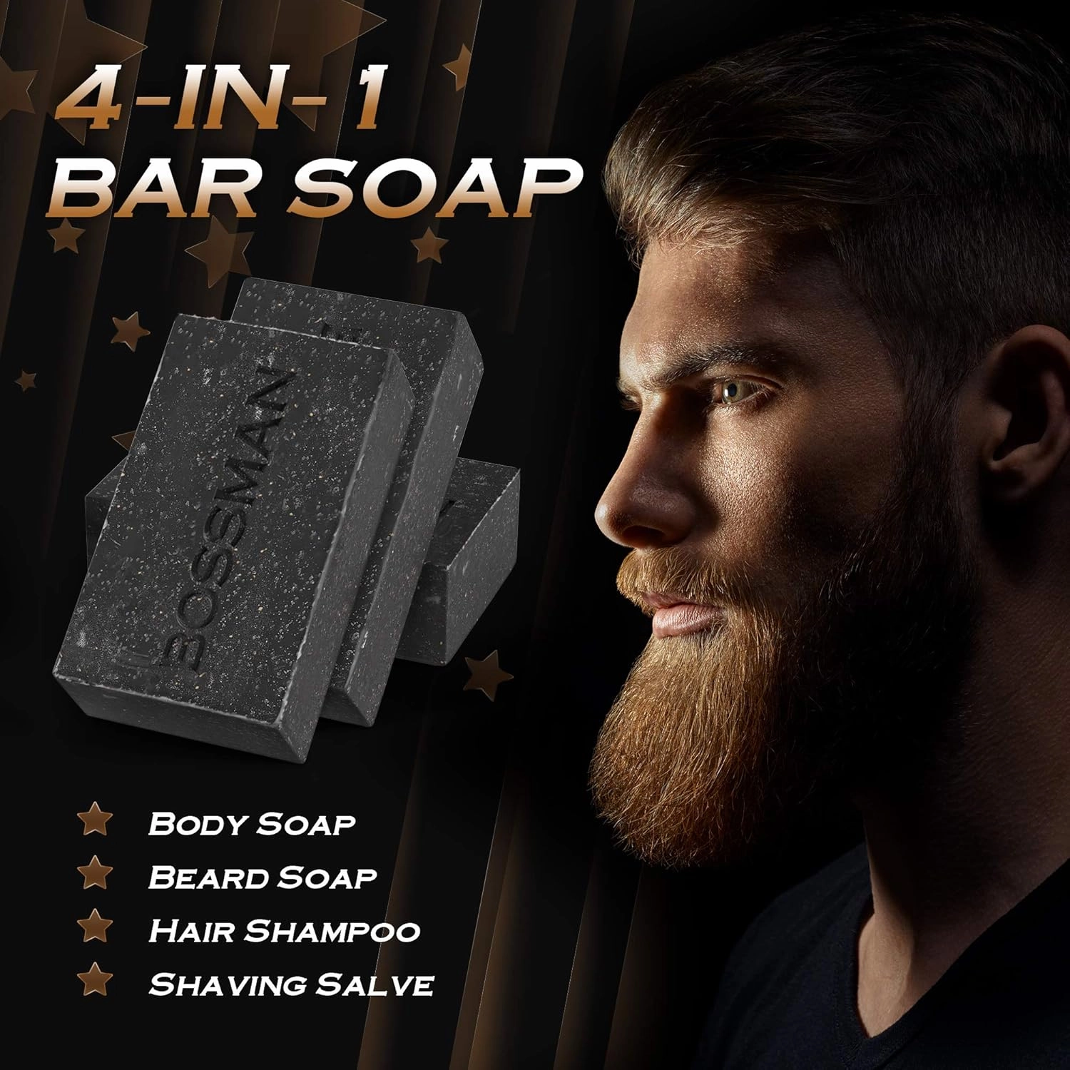 Bossman 3-Pack 4-in-1 Bar Soap for Men, 4 oz – All Natural Organic Beard Wash, Shampoo, Body Wash, Shaving Soap – Eucalyptus & Tea Tree Scent - Father’s Day Gifts