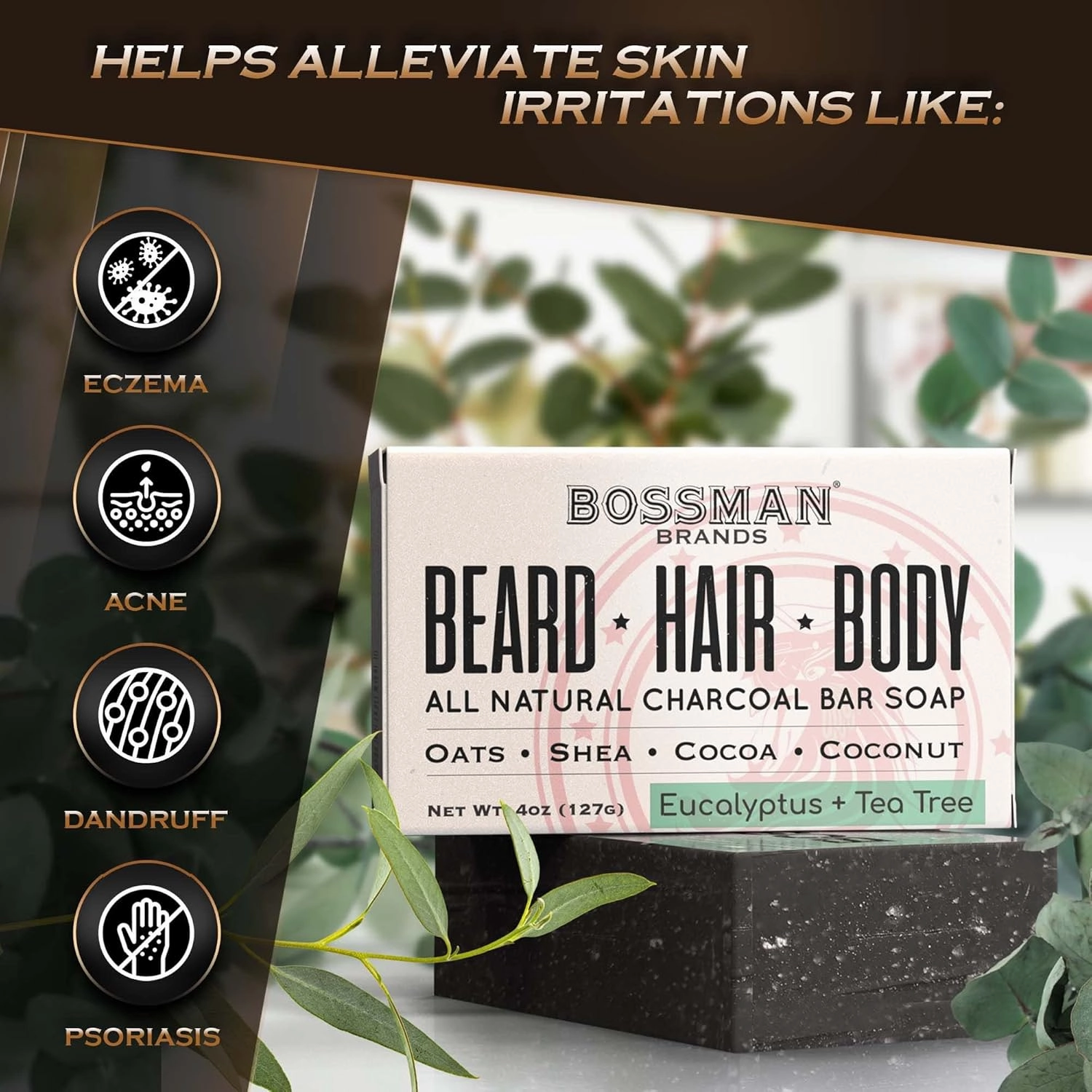 Bossman 6-Pack 4-in-1 Bar Soap for Men – All Natural Organic Beard Wash, Shampoo, Body Wash & Shaving Soap – Eucalyptus & Tea Tree Scent - Father’s Day Gifts