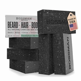 Bossman 6-Pack 4-in-1 Bar Soap for Men – All Natural Organic Beard Wash, Shampoo, Body Wash & Shaving Soap – Eucalyptus & Tea Tree Scent - Father’s Day Gifts
