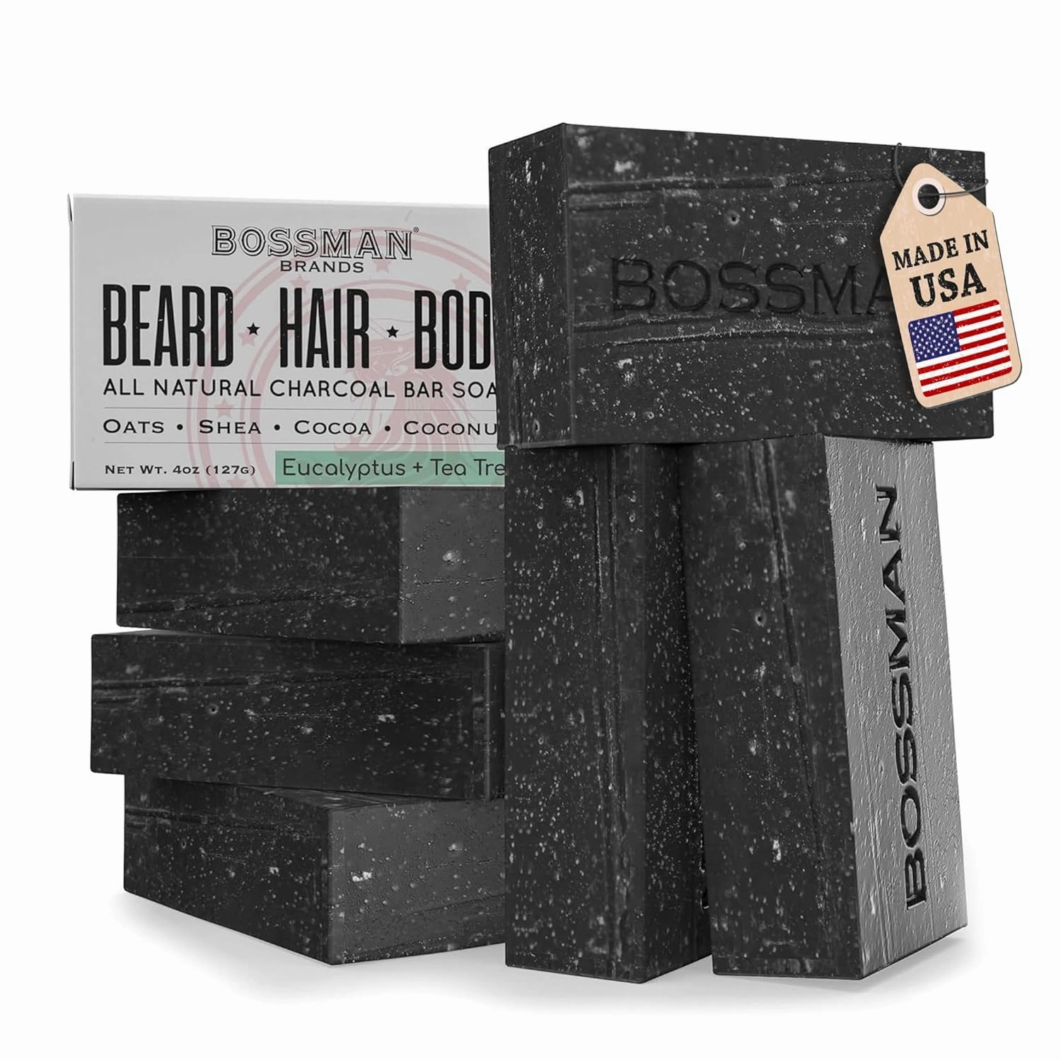 Bossman 6-Pack 4-in-1 Bar Soap for Men – All Natural Organic Beard Wash, Shampoo, Body Wash & Shaving Soap – Eucalyptus & Tea Tree Scent - Father’s Day Gifts