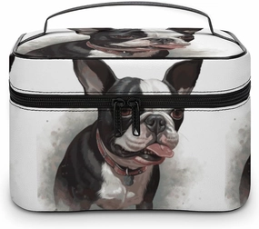 Boston Terrier Makeup Bag, Cosmetic Organizer Case Large Portable Capacity Make Up Bags Women Travel Toiletry Bags with Handle And Divider