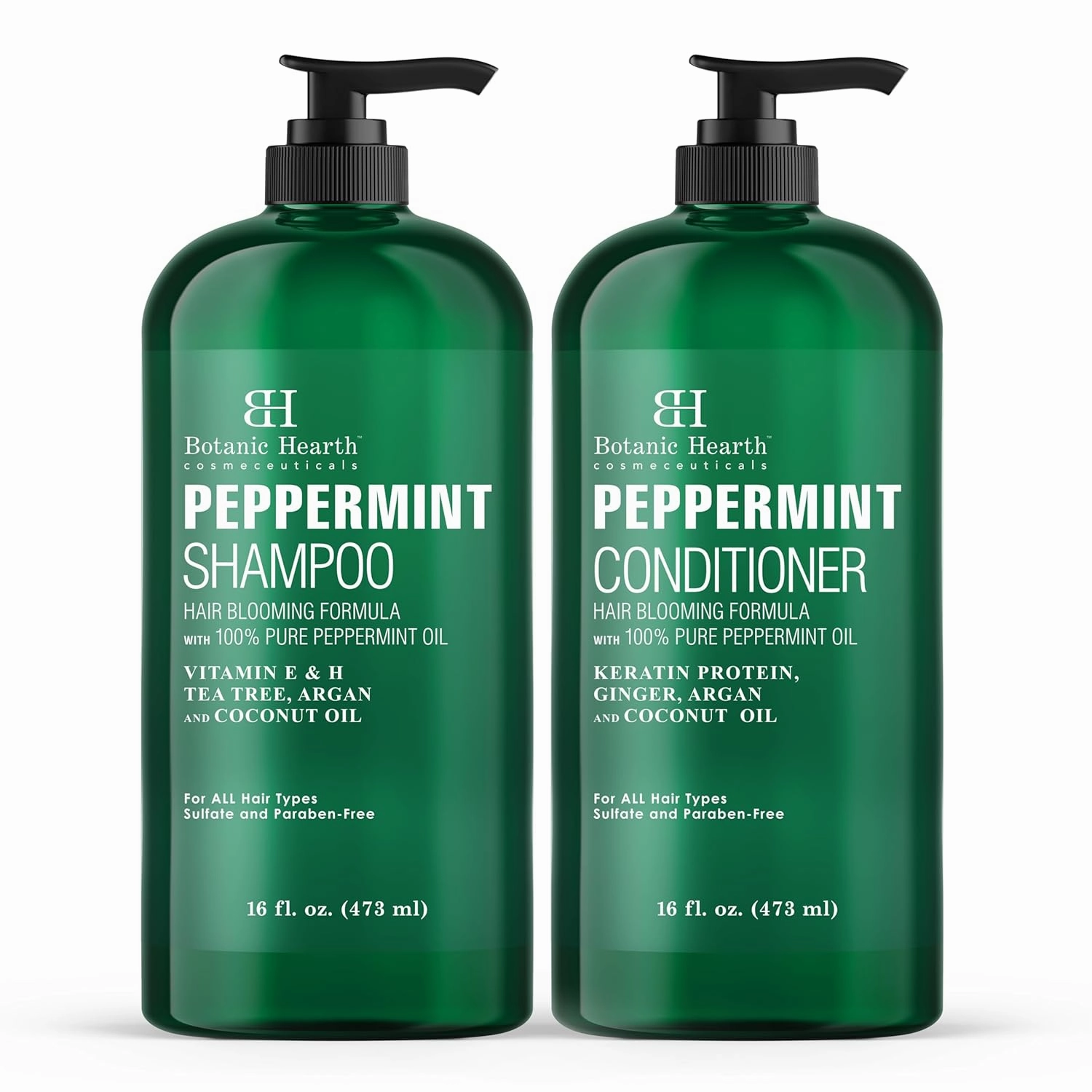 BOTANIC HEARTH Peppermint Oil Shampoo and Conditioner Set - Hair Blooming Formula with Keratin - Fights Hair Loss & Thinning, Promotes Hair Growth-Sulfate Free for Men and Women - 16 fl oz x 2