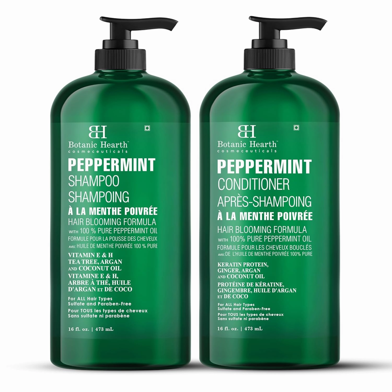BOTANIC HEARTH Peppermint Oil Shampoo and Conditioner Set - Hair Blooming Formula with Keratin - Fights Hair Loss & Thinning, Promotes Hair Growth-Sulfate Free for Men and Women - 16 fl oz x 2