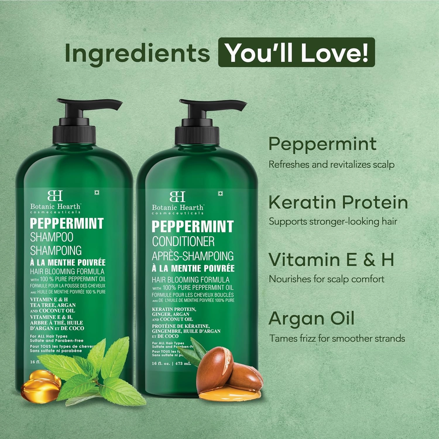 BOTANIC HEARTH Peppermint Oil Shampoo and Conditioner Set - Hair Blooming Formula with Keratin - Fights Hair Loss & Thinning, Promotes Hair Growth-Sulfate Free for Men and Women - 16 fl oz x 2