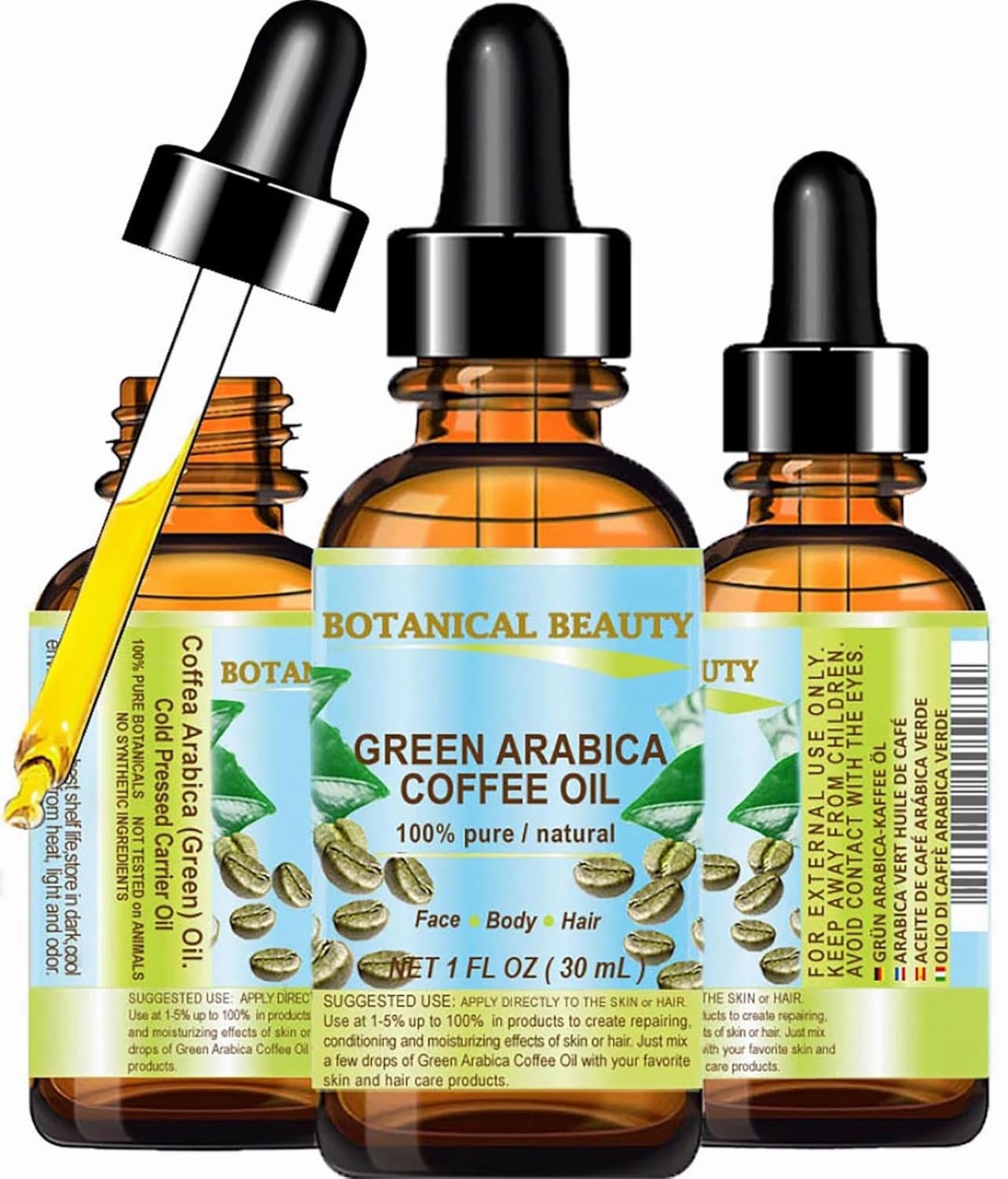 Botanical Beauty GREEN ARABICA COFFEE OIL Brazilian 100% Pure Virgin Unrefined 1 Fl.oz- 30 ml. for Face, Skin, Hair, Lip, Nails. Anti - aging face Oil