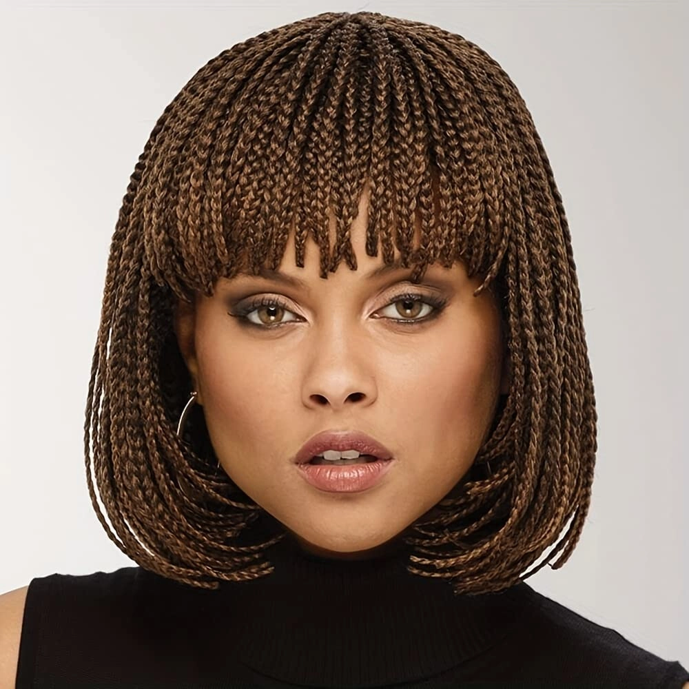 Box Braid Wig Synthetic Short Bob Wig Box Braided Wig with Bangs Cornrow Braided Wigs for Black Women (10 inches, Black)