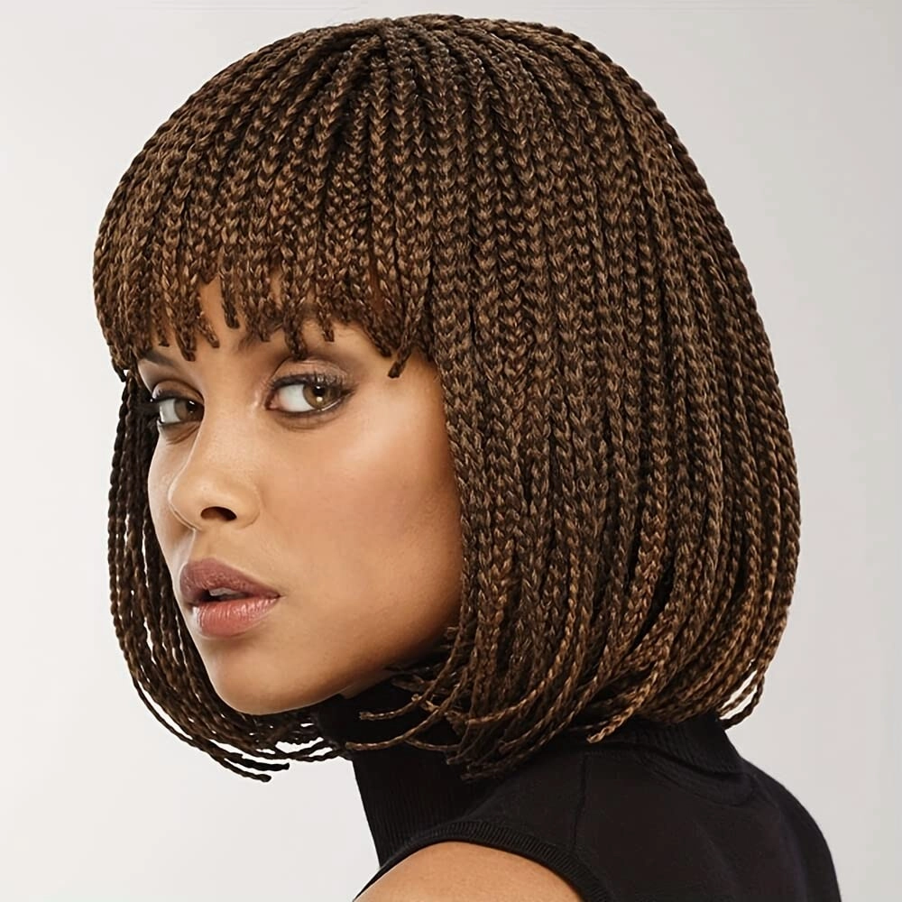 Box Braid Wig Synthetic Short Bob Wig Box Braided Wig with Bangs Cornrow Braided Wigs for Black Women (10 inches, Black)