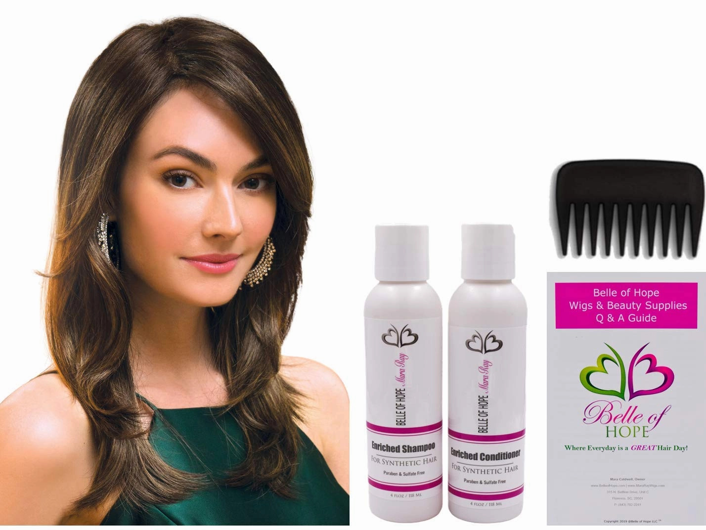 BRANDI Double Mono Synthetic Wig by Amore, 5PC Bundle: Wig, 4oz Mara Ray Enriched Shampoo, Conditioner, Wide Tooth Comb, and 19 Page Belle of Hope Guide (Chestnut)